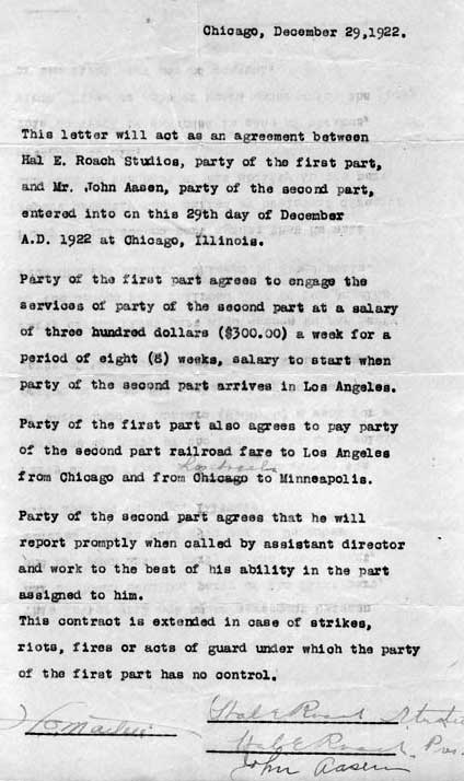 Johan's contract with Hal Roach